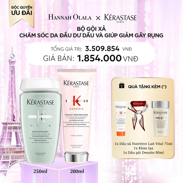  A6_DEAL 6: BỘ GỘI XẢ CHĂM SÓC DA ĐẦU DƯ DẦU VÀ GIÚP GIẢM GÃY RỤNG (KÉRASTASE DIVALENT BAIN SATIN 250ML + GENESIS FONDANT RENFORCATEUR 200ML) 