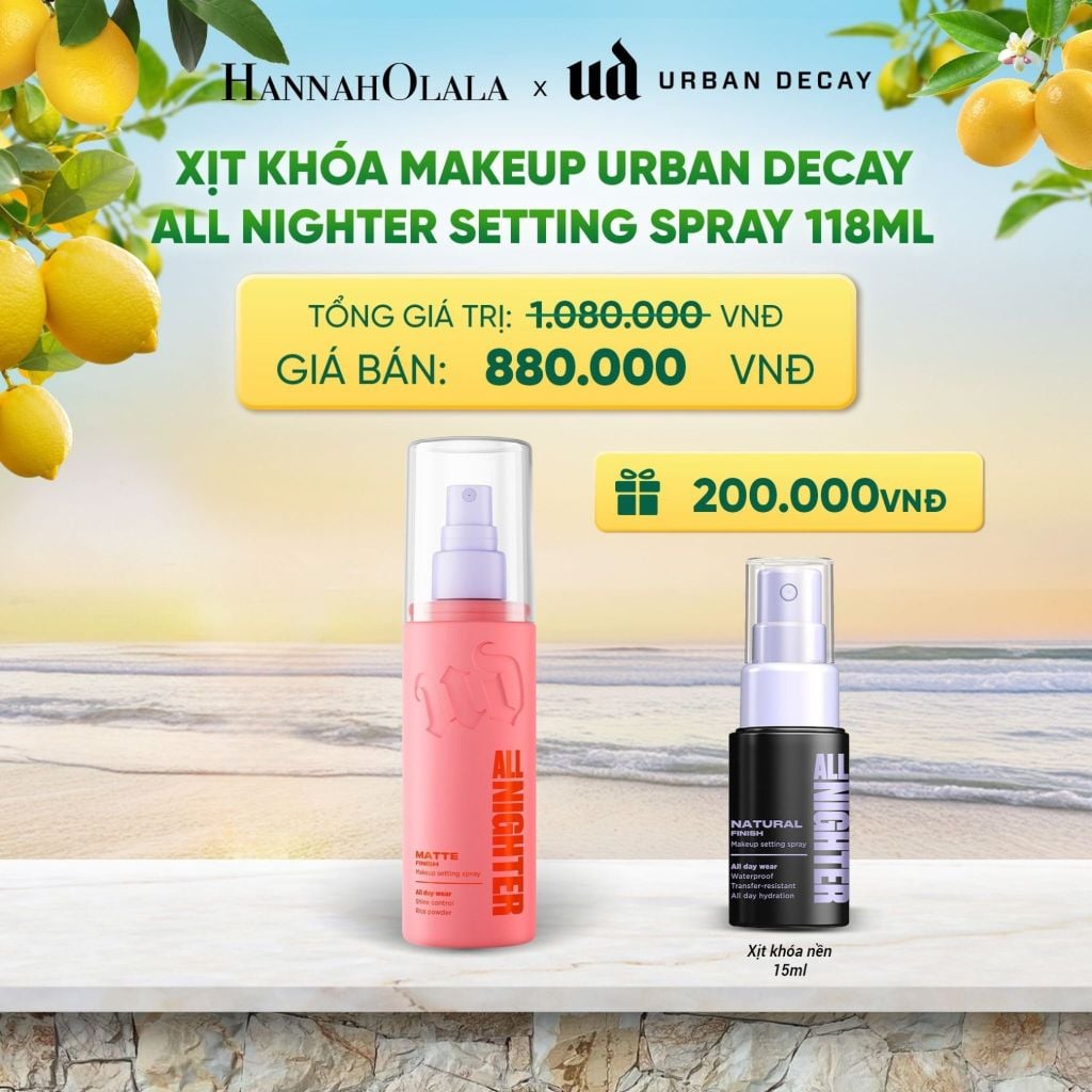  XỊT KHÓA MAKEUP URBAN DECAY ALL NIGHTER SETTING SPRAY |HIỆU ỨNG MỊN LÌ - 24H KHÓA CHẶT MAKEUP, KHÁNG NƯỚC VÀ MỒ HÔI 