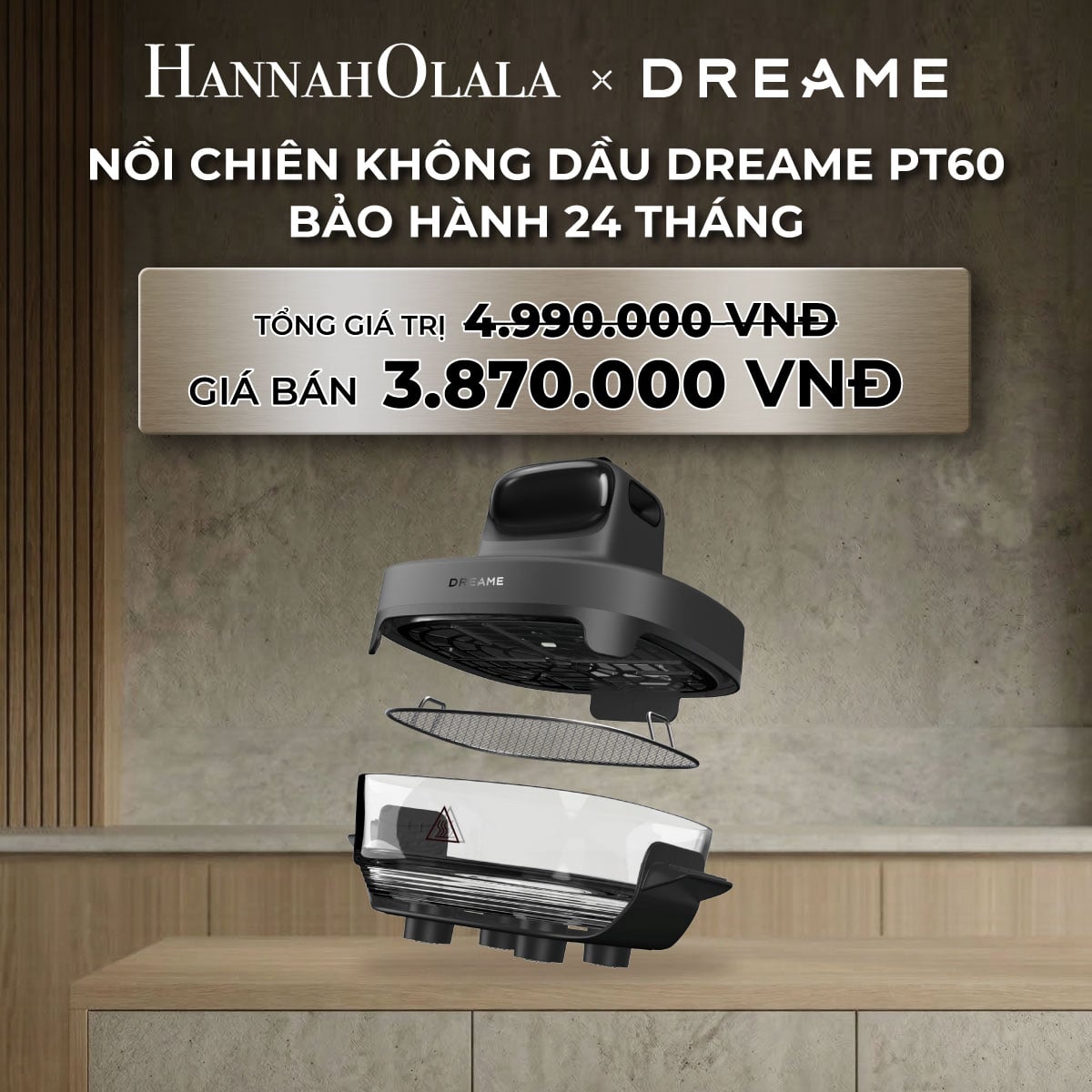 B303_deal 1: dreame pt60 nồi chiên không dầu thủy tinh 2 lòng nồi 2.5l và 4.5l - công suất 1500w- bh 1 đổi 1 trong 24 tháng