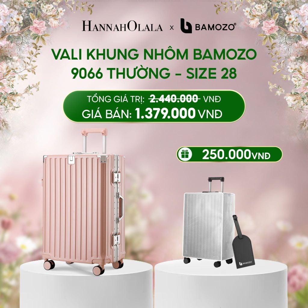  E1509_DEAL 3: VALI BAMOZO KHUNG NHÔM 9066 BẢN THƯỜNG (TẶNG BỌC VALI TRONG SUỐT + TAG HÀNH LÝ DA) 