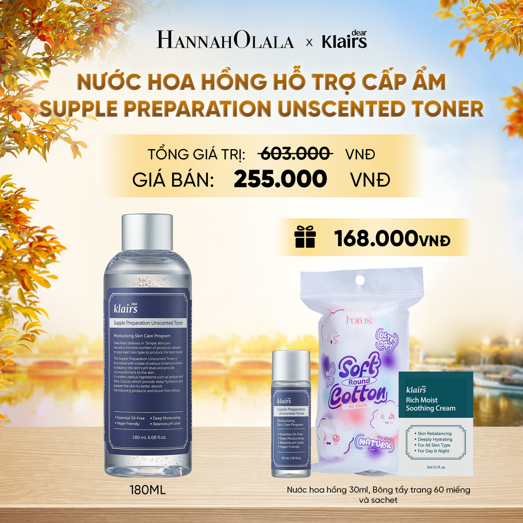  DEAR, KLAIRS NƯỚC HOA HỒNG SUPPLE PREPARATION UNSCENTED TONER 180ML - E146 