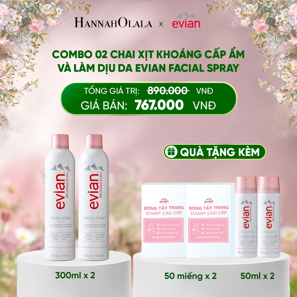  DEAL 1: COMBO 2 CHAI XỊT KHOÁNG CẤP ẨM, LÀM DỊU DA EVIAN FACIAL SPRAY 300ML 