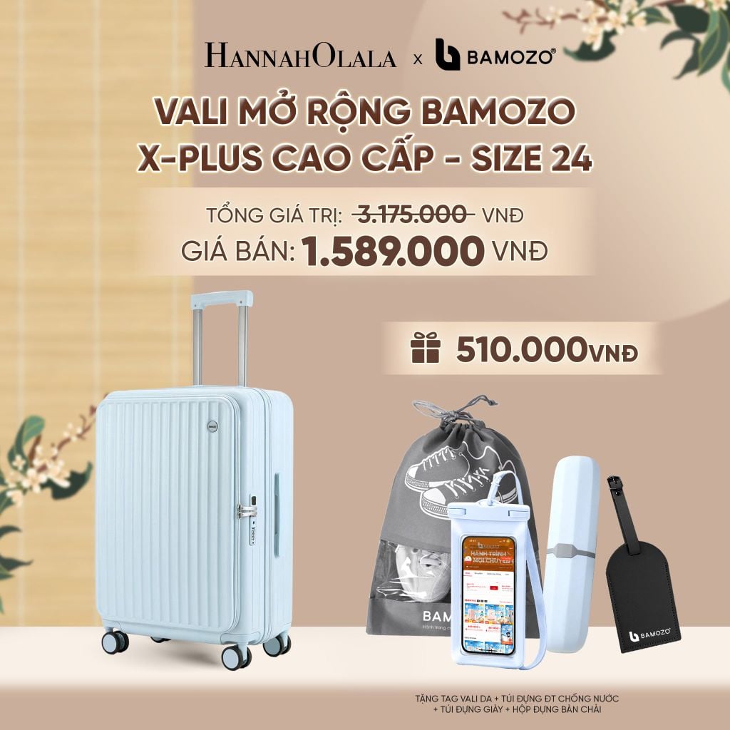  VALI MỞ RỘNG BAMOZO X-PLUS TĂNG 15% SỨC CHỨA, NHỰA PC NGUYÊN KHỐI ( (TẶNG TAG VALI DA + TÚI ĐỰNG ĐT CHỐNG NƯỚC + TÚI ĐỰNG GIÀY + HỘP ĐỰNG BÀN CHẢI) - A2595 