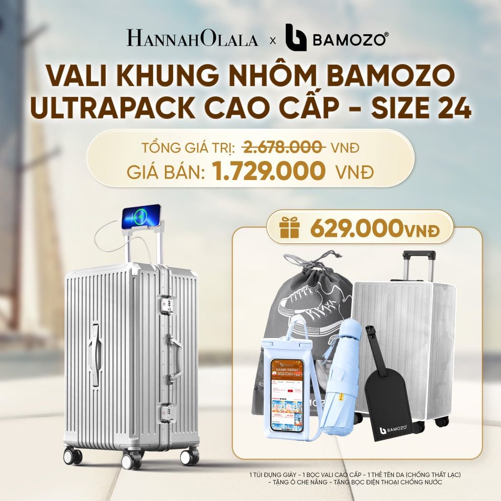  VALI BAMOZO KHUNG NHÔM ULTRAPACK CAO CẤP (TẶNG TÚI ĐỰNG GIÀY + BỌC VALI CC TRONG SUỐT + THẺ TAG DA CHỐNG THẤT LẠC + Ô CHE NẮNG + TÚI ĐỰNG ĐT CHỐNG NƯỚC) - A1624 