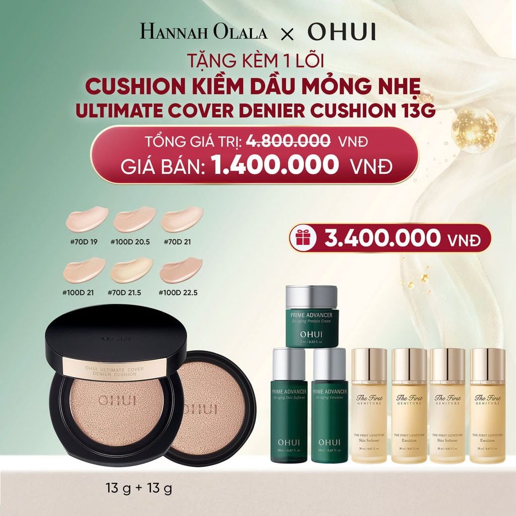  DEAL 43: [TẶNG KÈM 1 LÕI] PHẤN NƯỚC KIỀM DẦU MỎNG NHẸ OHUI ULTIMATE COVER DENIER CUSHION 13G 