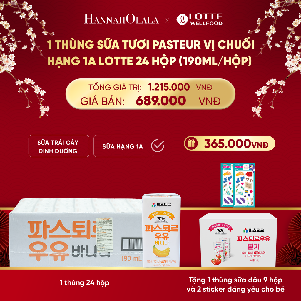  DEAL 1: 1 THÙNG SỮA TƯƠI PASTEUR VỊ CHUỐI HẠNG 1A LOTTE 24 HỘP (190ml/hộp) TẶNG 1 THÙNG SỮA TƯƠI PASTEUR VỊ DÂU HẠNG 1A LOTTE 9 HỘP VÀ 2 STICKER ĐÁNG YÊU CHO BÉ 