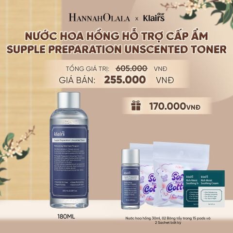  DEAR, KLAIRS NƯỚC HOA HỒNG SUPPLE PREPARATION UNSCENTED TONER 180ML - A1653 