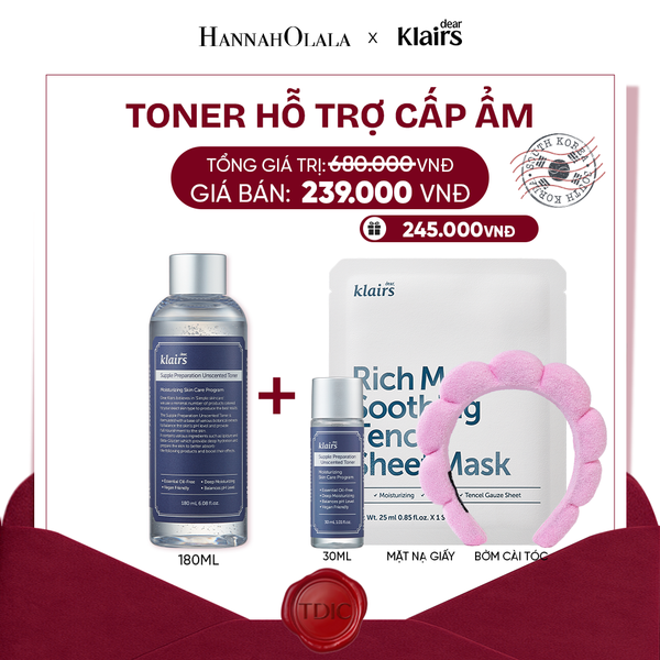  DEAR, KLAIRS NƯỚC HOA HỒNG SUPPLE PREPARATION UNSCENTED TONER 180ML_M68 