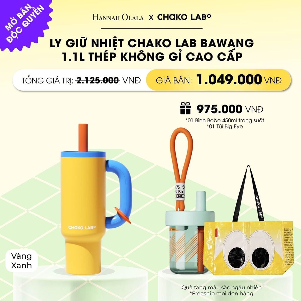  LY GIỮ NHIỆT CHAKO LAB BAWANG 1.1L THÉP KHÔNG GỈ CAO CẤP _ DEAL 3 
