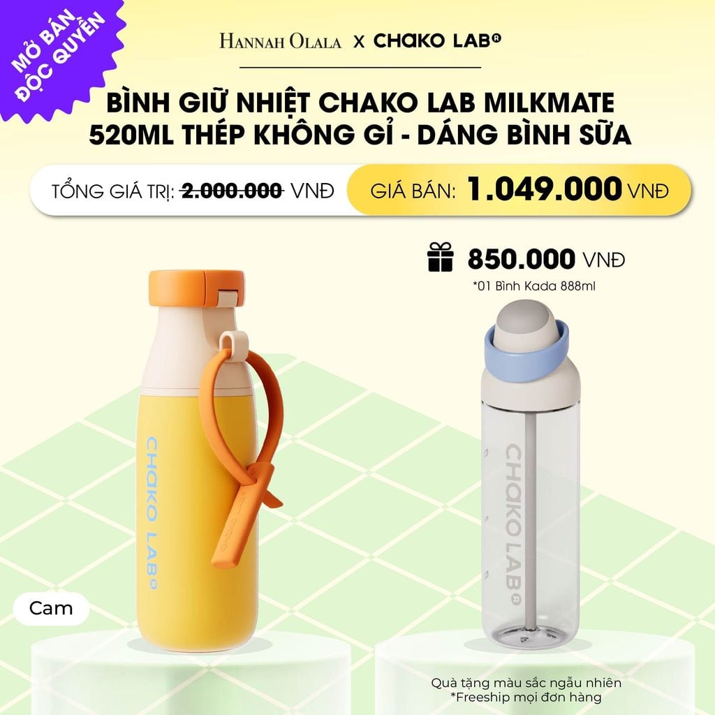  BÌNH GIỮ NHIỆT CHAKO LAB MILKMATE 520ML THÉP KHÔNG GỈ CAO CẤP - DÁNG BÌNH SỮA _ DEAL 6 