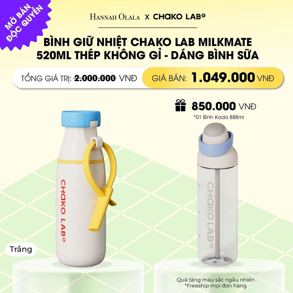  BÌNH GIỮ NHIỆT CHAKO LAB MILKMATE 520ML THÉP KHÔNG GỈ CAO CẤP - DÁNG BÌNH SỮA _ DEAL 6 