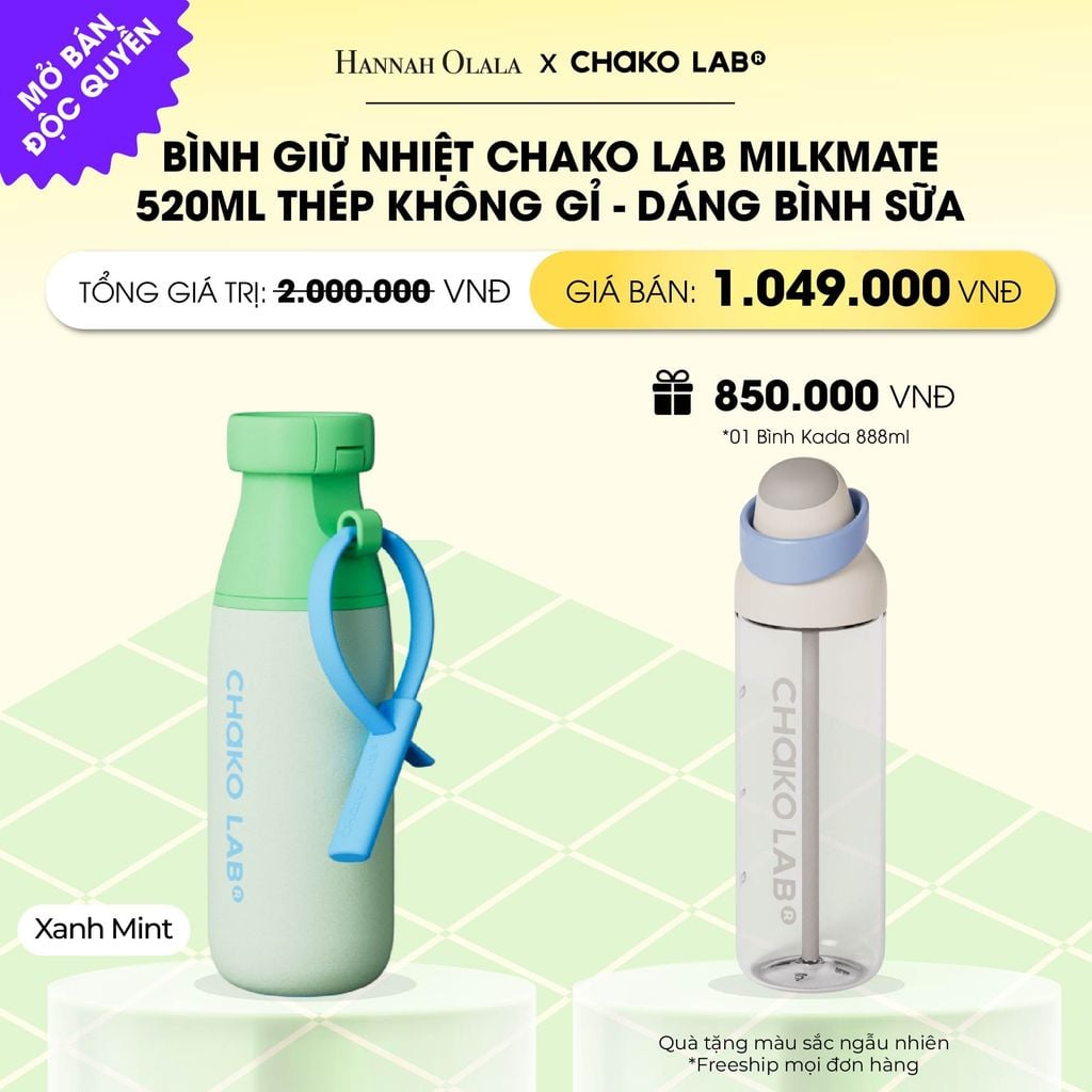  BÌNH GIỮ NHIỆT CHAKO LAB MILKMATE 520ML THÉP KHÔNG GỈ CAO CẤP - DÁNG BÌNH SỮA _ DEAL 6 