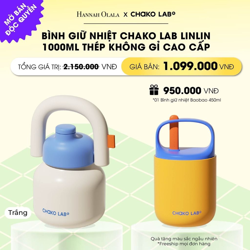  BÌNH GIỮ NHIỆT CHAKO LAB LINLIN 1000ML THÉP KHÔNG GỈ CAO CẤP _ DEAL 1 