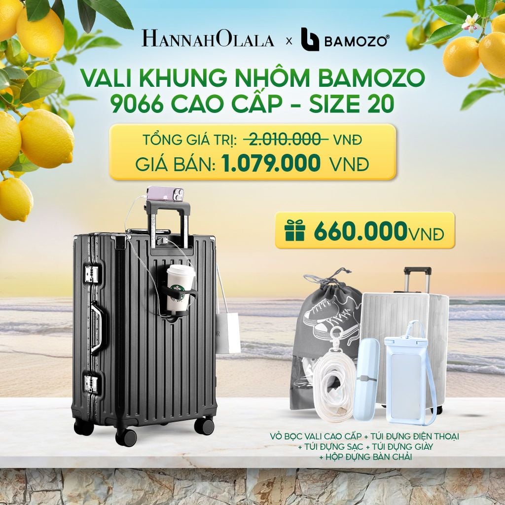  VALI BAMOZO KHUNG NHÔM 9066 BẢN CAO CẤP (TẶNG BỌC VALI CC TRONG SUỐT + HỘP ĐỰNG BÀN CHẢI + TÚI ĐỰNG GIÀY XÁM - DEAL 2 