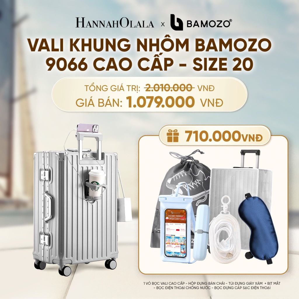 VALI BAMOZO KHUNG NHÔM 9066 BẢN CAO CẤP (TẶNG BỌC VALI CC TRONG SUỐT + HỘP ĐỰNG BÀN CHẢI + TÚI ĐỰNG GIÀY XÁM + TÚI ĐỰNG ĐT CHỐNG NƯỚC + TÚI ĐỰNG CÁP SẠC) - A1592 
