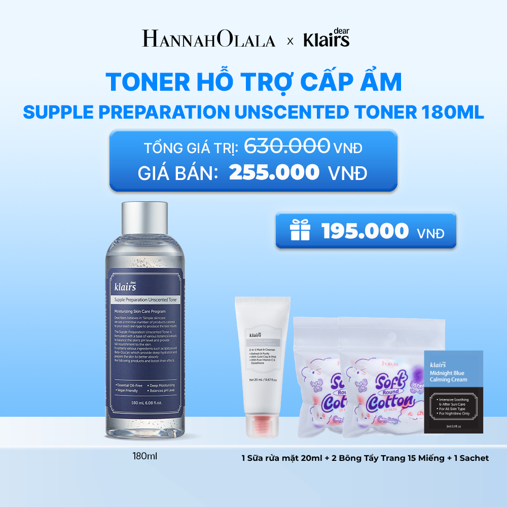  DEAR, KLAIRS NƯỚC HOA HỒNG SUPPLE PREPARATION UNSCENTED TONER 180ML 