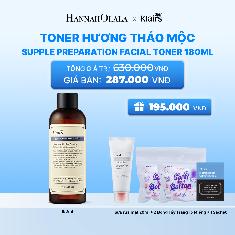  DEAR, KLAIRS NƯỚC HOA HỒNG SUPPLE PREPARATION FACIAL TONER 180ML 