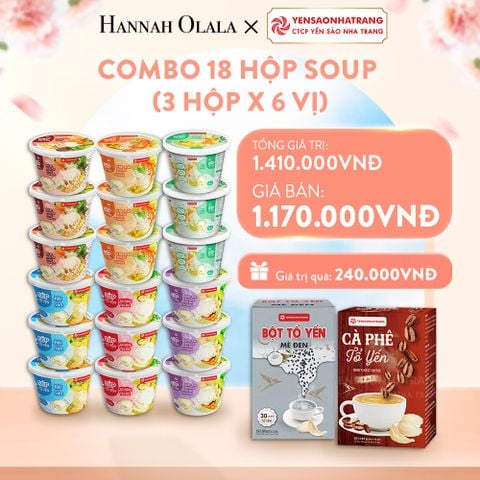  A956_DEAL 02: COMBO 18 HỘP SOUP (3 HỘP X 6 VỊ) GÀ HẦM TÁO ĐỎ + HẢI SẢN + TÔM CUA, BÔNG CẢI, BÓ XÔI, YẾN MẠCH + CÁ HỒI, BÍ ĐỎ, BÔNG CẢI, BÓ XÔI, YẾN MẠCH + BÒ BẰM, KHOAI TÂY, CÀ RỐT, YẾN MẠCH + NẤM RAU CỦ 