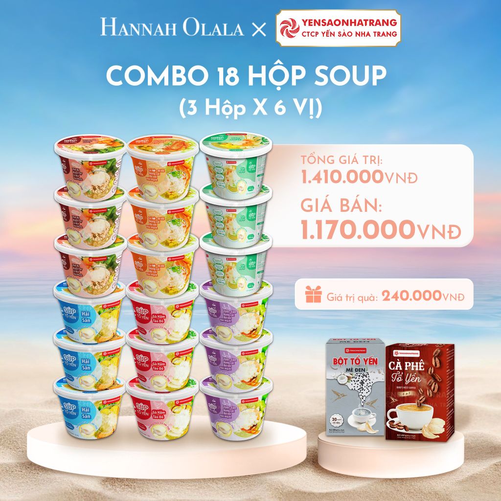  C1081_DEAL 02: COMBO 18 HỘP SOUP (3 HỘP X 6 VỊ) GÀ HẦM TÁO ĐỎ + HẢI SẢN + TÔM CUA, BÔNG CẢI, BÓ XÔI, YẾN MẠCH + CÁ HỒI, BÍ ĐỎ, BÔNG CẢI, BÓ XÔI, YẾN MẠCH + BÒ BẰM, KHOAI TÂY, CÀ RỐT, YẾN MẠCH + NẤM RAU CỦ 