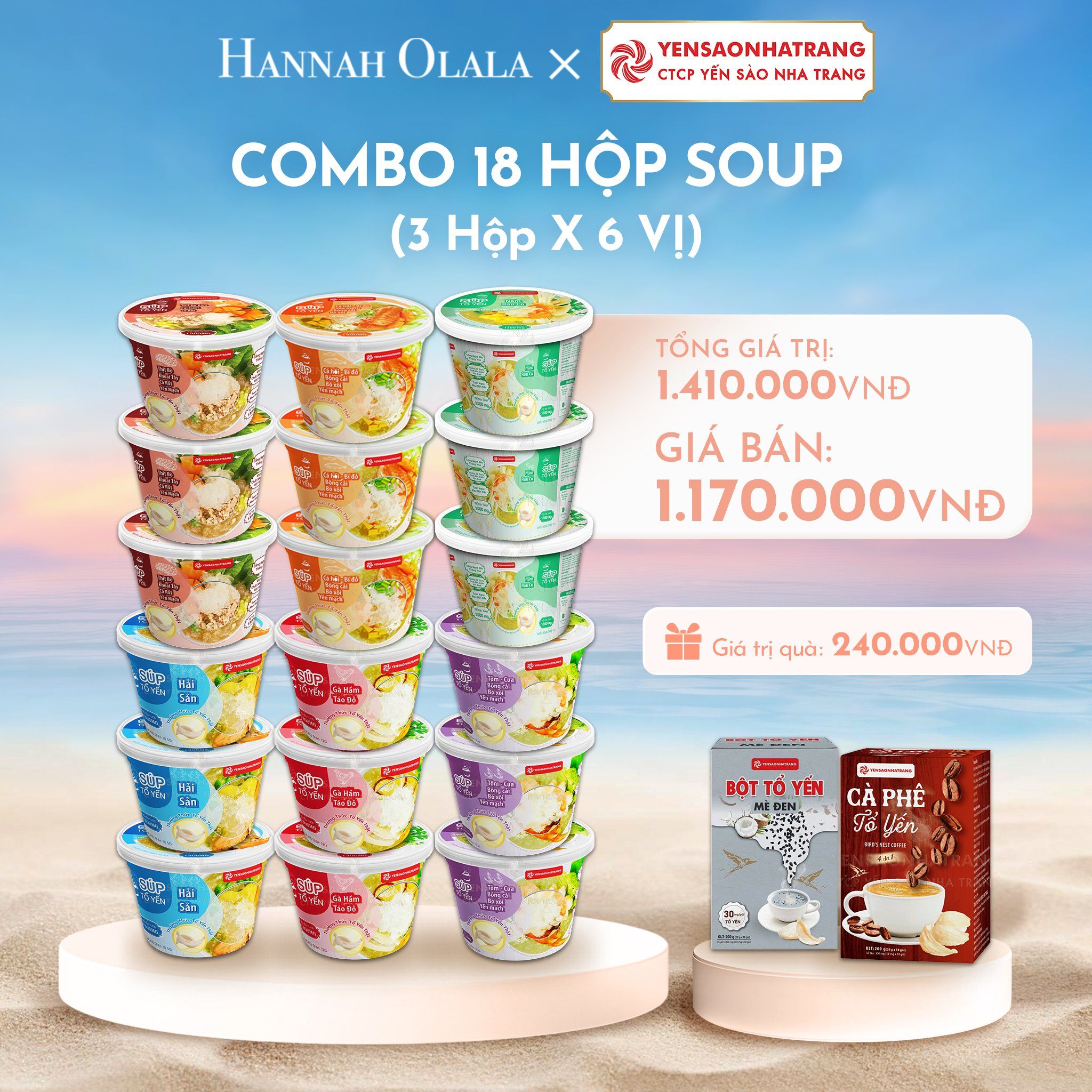  C1081_DEAL 02: COMBO 18 HỘP SOUP (3 HỘP X 6 VỊ) GÀ HẦM TÁO ĐỎ + HẢI SẢN + TÔM CUA, BÔNG CẢI, BÓ XÔI, YẾN MẠCH + CÁ HỒI, BÍ ĐỎ, BÔNG CẢI, BÓ XÔI, YẾN MẠCH + BÒ BẰM, KHOAI TÂY, CÀ RỐT, YẾN MẠCH + NẤM RAU CỦ 