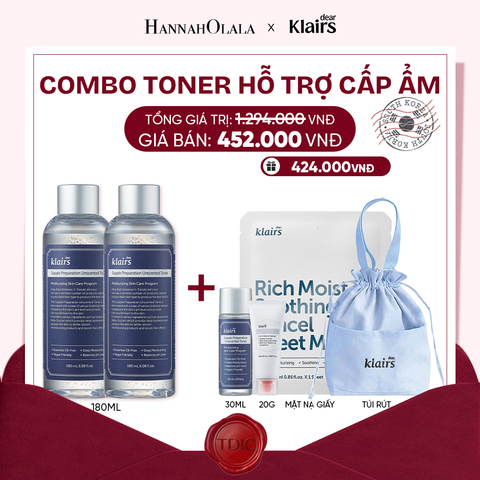  COMBO 2 DEAR, KLAIRS NƯỚC HOA HỒNG SUPPLE PREPARATION UNSCENTED TONER 180ML_M84 