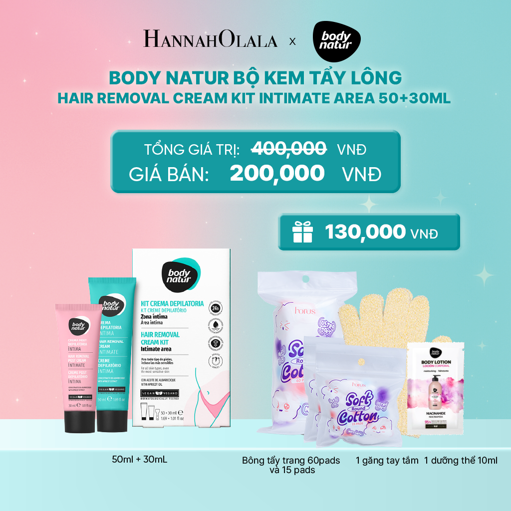  BODY NATUR BỘ KEM TẨY LÔNG HAIR REMOVAL CREAM KIT INTIMATE AREA 50+30ML 