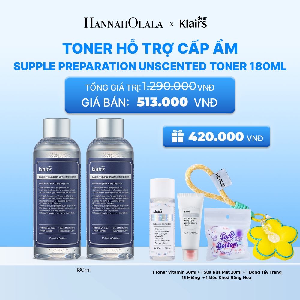  COMBO 2 DEAR, KLAIRS NƯỚC HOA HỒNG SUPPLE PREPARATION UNSCENTED TONER 180ML 