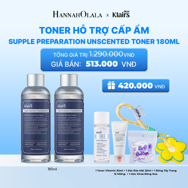  COMBO 2 DEAR, KLAIRS NƯỚC HOA HỒNG SUPPLE PREPARATION UNSCENTED TONER 180ML 