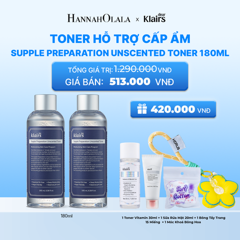  COMBO 2 DEAR, KLAIRS NƯỚC HOA HỒNG SUPPLE PREPARATION UNSCENTED TONER 180ML 