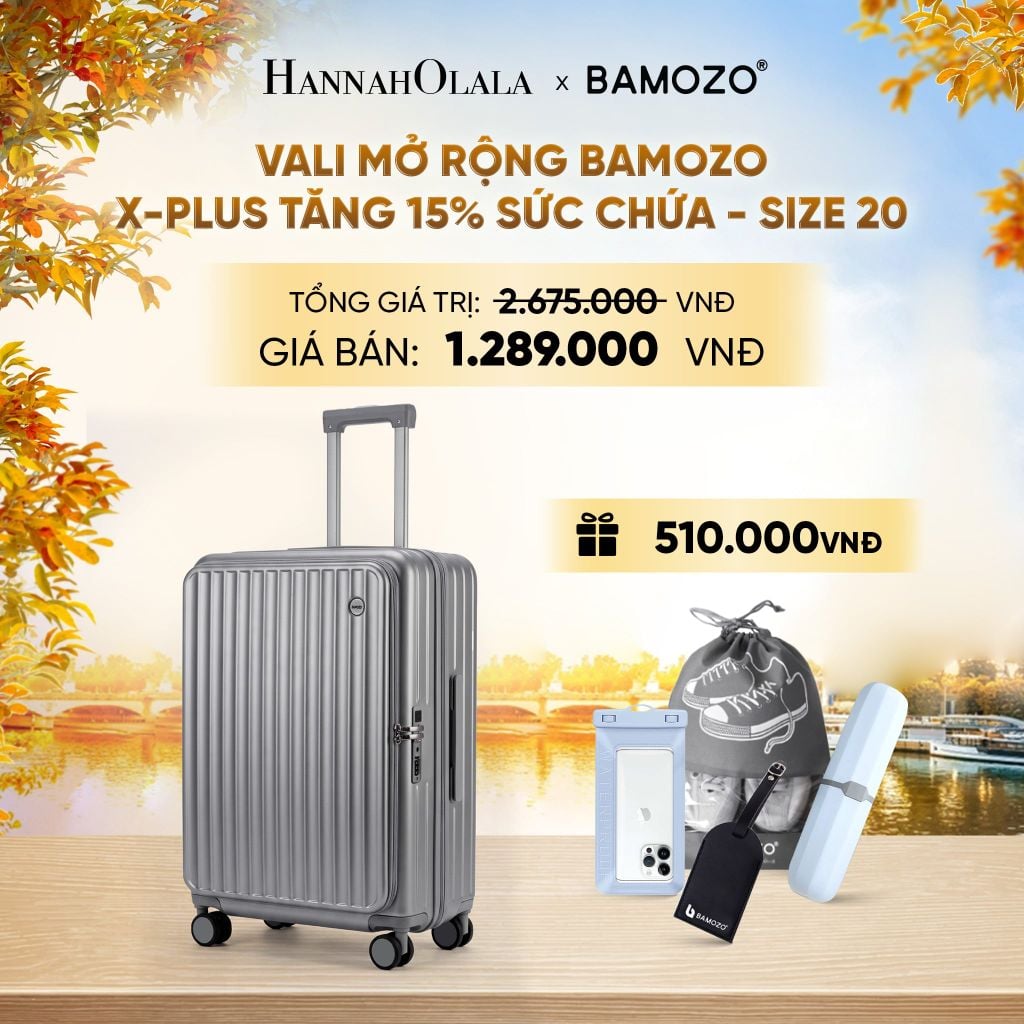  DEAL 10: VALI MỞ RỘNG BAMOZO X-PLUS TĂNG 15% SỨC CHỨA, NHỰA PC NGUYÊN KHỐI ( (TẶNG TAG VALI DA + TÚI ĐỰNG ĐIỆN THOẠI CHỐNG NƯỚC + TÚI ĐỰNG GIÀY + HỘP ĐỰNG BÀN CHẢI) - E1935 