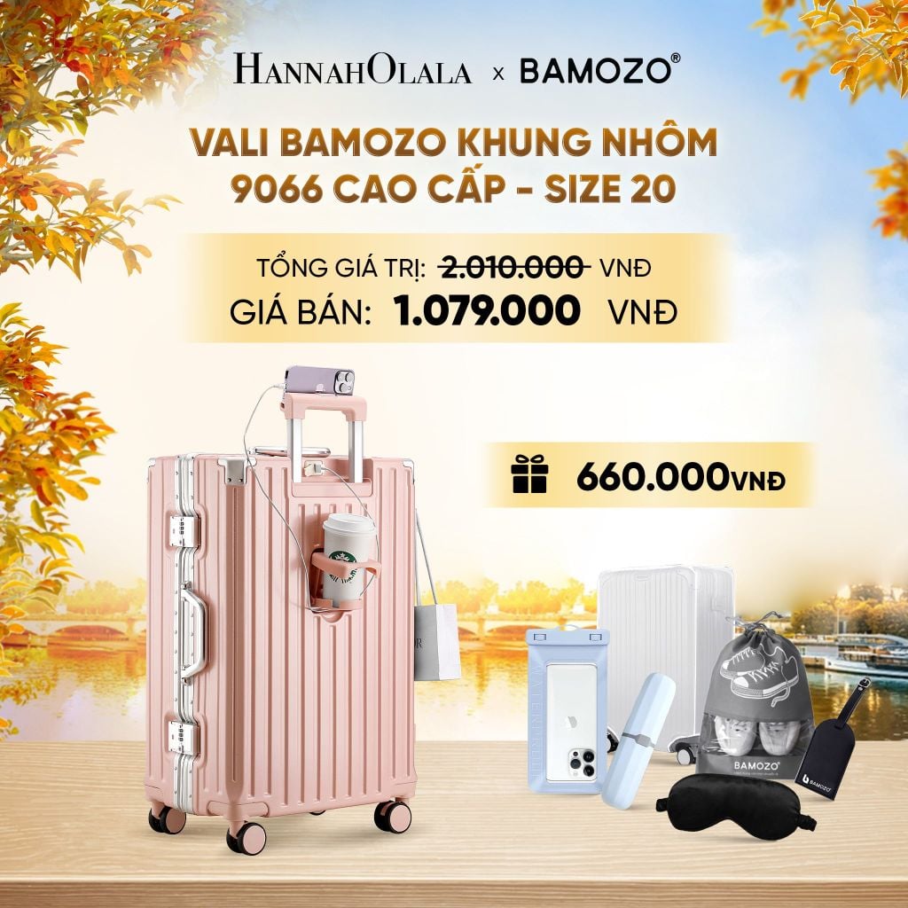  DEAL 2: VALI BAMOZO KHUNG NHÔM 9066 BẢN CAO CẤP (TẶNG BỌC VALI CC TRONG SUỐT + HỘP ĐỰNG BÀN CHẢI + TÚI ĐỰNG GIÀY XÁM + TÚI ĐỰNG ĐIỆN THOẠI CHỐNG NƯỚC + BỊT MẮT) - E1988 
