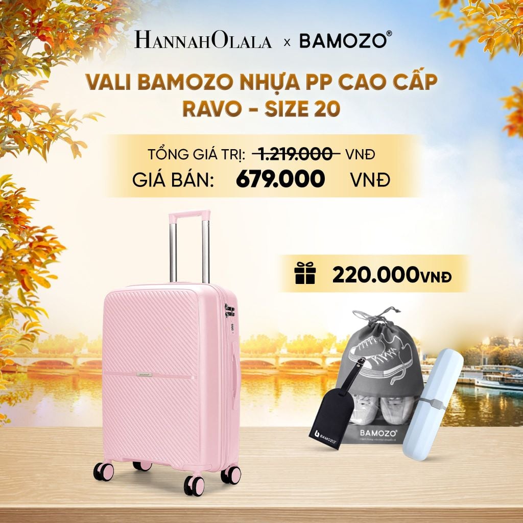  DEAL 6: VALI BAMOZO RAVO NHỰA PP CAO CẤP CHỐNG VỠ (TẶNG THẺ TAG DA CHỐNG THẤT LẠC + TÚI ĐỰNG GIÀY XÁM + HỘP ĐỰNG BÀN CHẢI) - E1290 