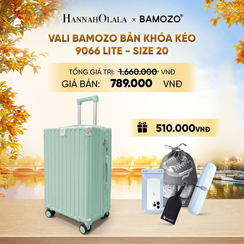  DEAL 12: VALI BAMOZO 9066 LITE CAO CẤP BẢN KHÓA KÉO ( (TẶNG TAG VALI DA + TÚI ĐỰNG ĐIỆN THOẠI CHỐNG NƯỚC + TÚI ĐỰNG GIÀY + HỘP ĐỰNG BÀN CHẢI) - E1954 