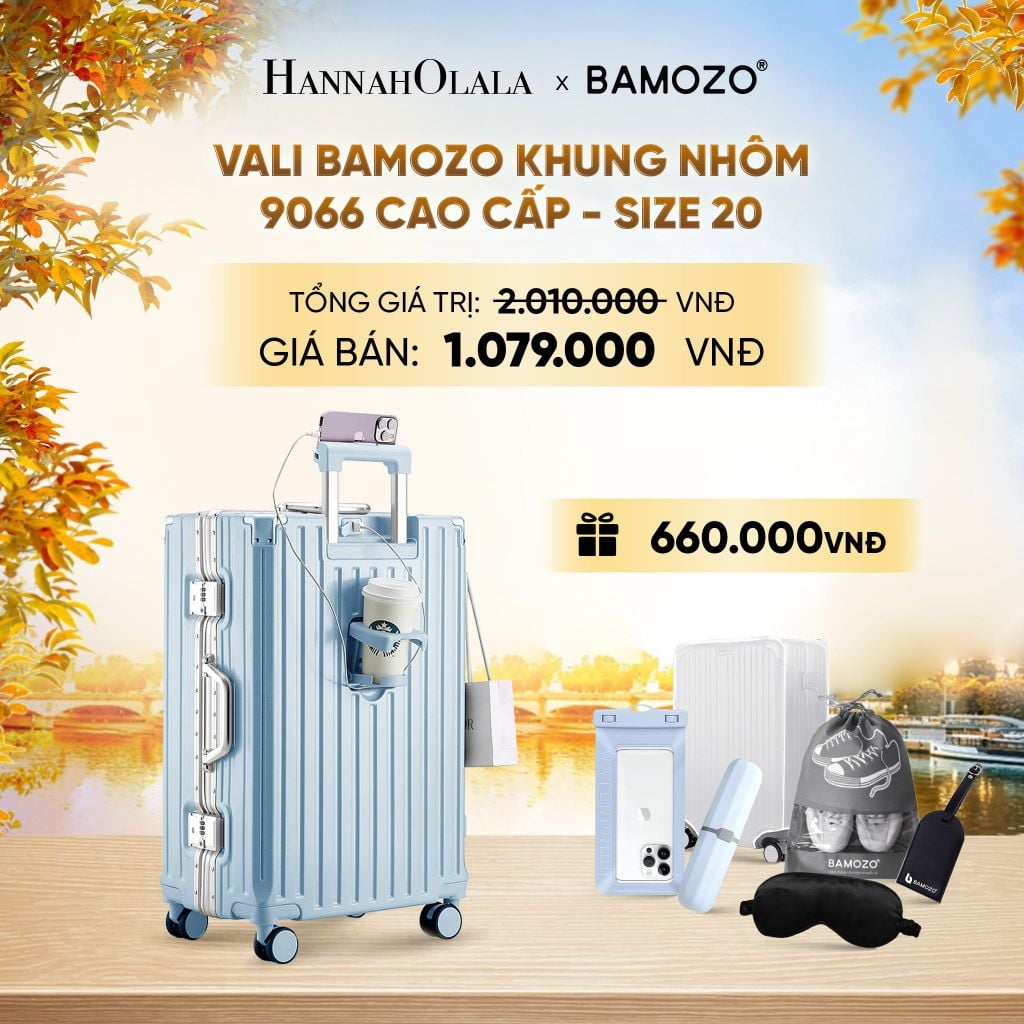  DEAL 2: VALI BAMOZO KHUNG NHÔM 9066 BẢN CAO CẤP (TẶNG BỌC VALI CC TRONG SUỐT + HỘP ĐỰNG BÀN CHẢI + TÚI ĐỰNG GIÀY XÁM + TÚI ĐỰNG ĐIỆN THOẠI CHỐNG NƯỚC + BỊT MẮT) - E1988 