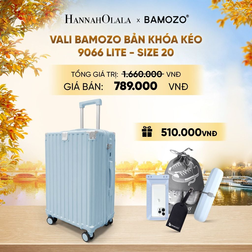 DEAL 12: VALI BAMOZO 9066 LITE CAO CẤP BẢN KHÓA KÉO ( (TẶNG TAG VALI DA + TÚI ĐỰNG ĐIỆN THOẠI CHỐNG NƯỚC + TÚI ĐỰNG GIÀY + HỘP ĐỰNG BÀN CHẢI) - E1954 