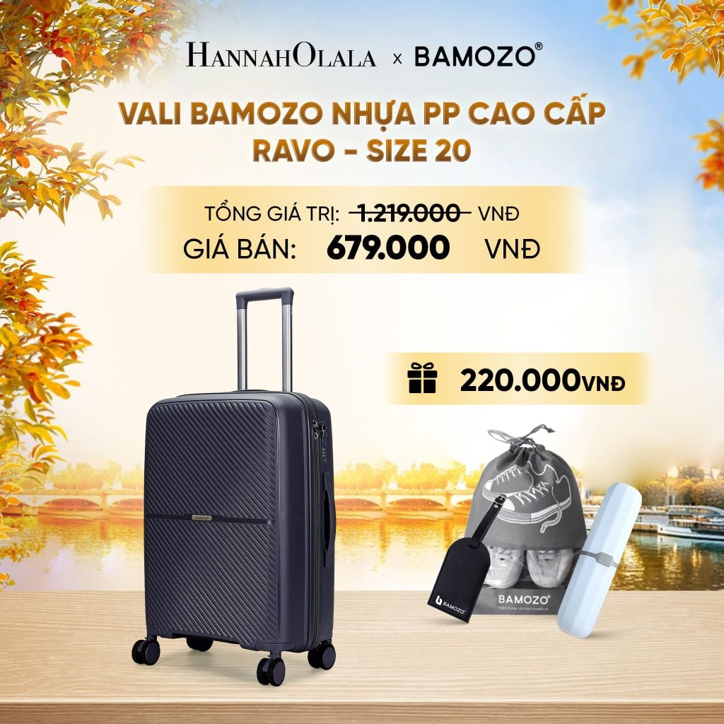  DEAL 6: VALI BAMOZO RAVO NHỰA PP CAO CẤP CHỐNG VỠ (TẶNG THẺ TAG DA CHỐNG THẤT LẠC + TÚI ĐỰNG GIÀY XÁM + HỘP ĐỰNG BÀN CHẢI) - E1290 