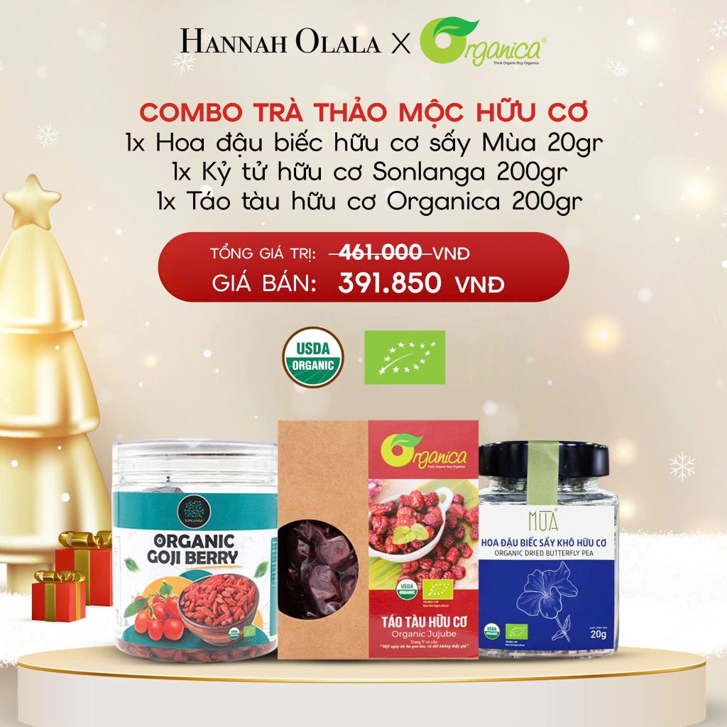  A1797_DEAL 7: [GIAO HÀNG TỪ 15/12] COMBO TRÀ THẢO MỘC HỮU CƠ 1X HOA ĐẬU BIẾC HỮU CƠ SẤY MÙA 20GR 1X KỶ TỬ HỮU CƠ SONLANGA 200GR 1X TÁO TÀU HỮU CƠ ORGANICA 200GR 