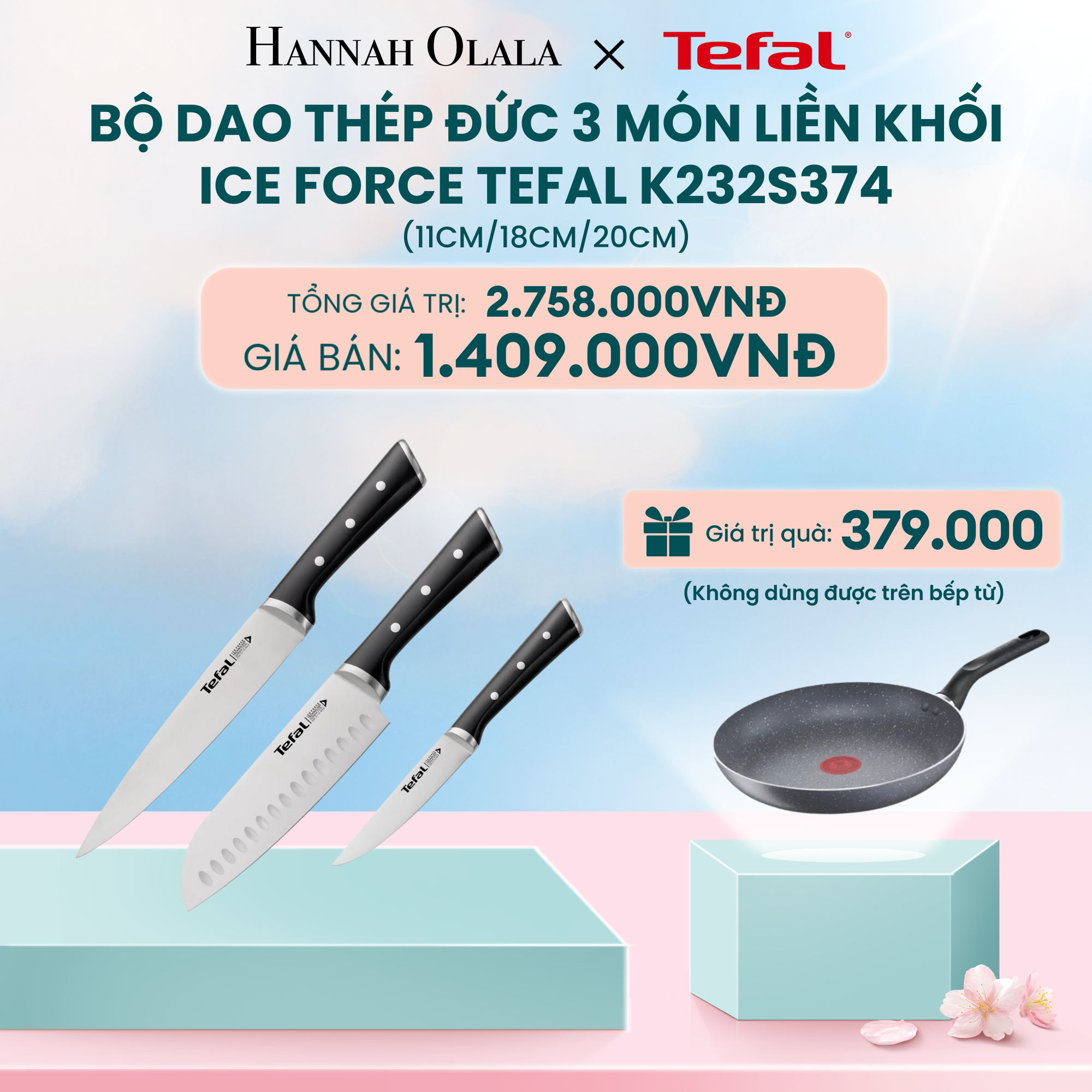  DEAL 16: BỘ DAO THÉP ĐỨC 3 MÓN LIỀN KHỐI ICE FORCE TEFAL K232S374, 11CM/18CM/20CM 