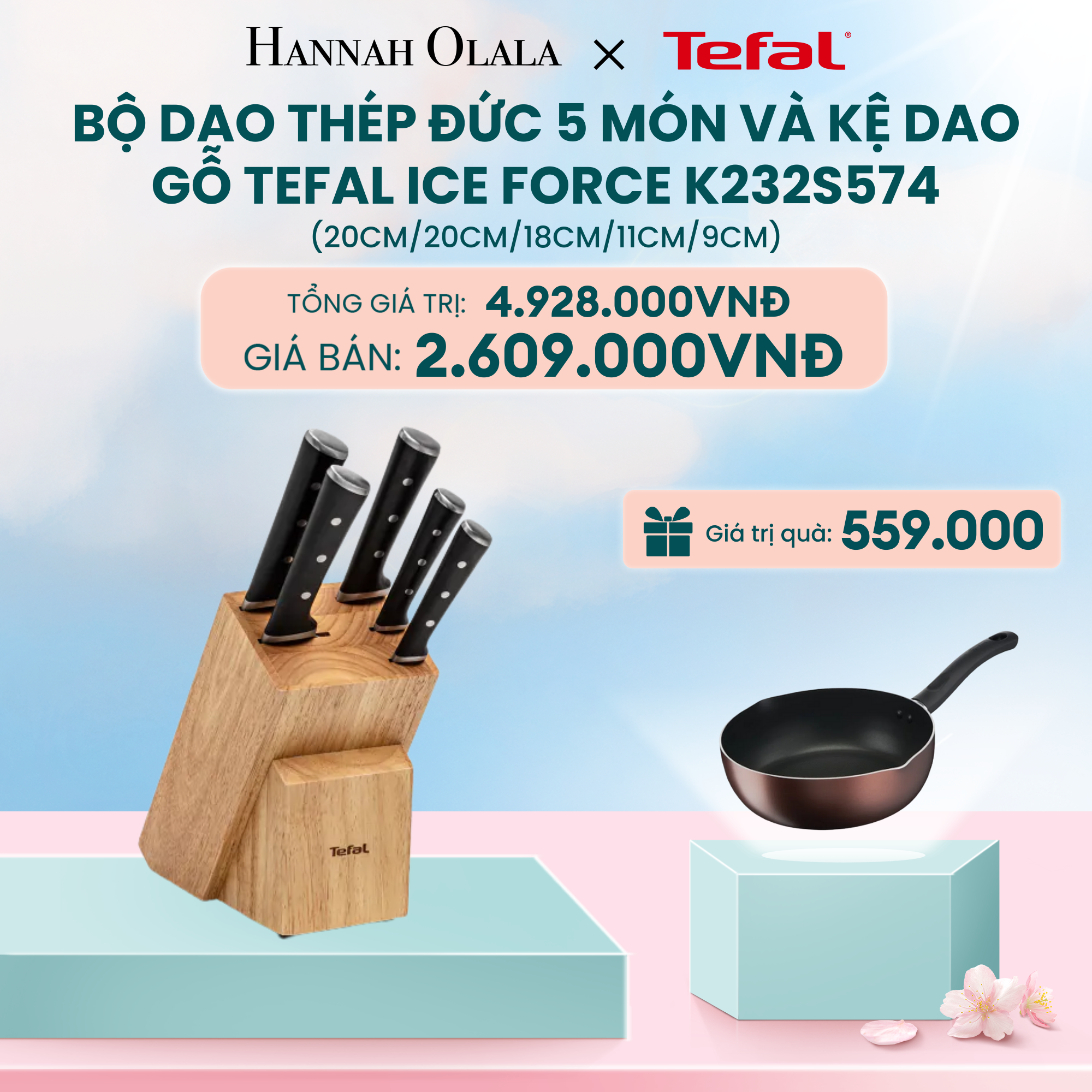  DEAL 17: BỘ DAO THÉP ĐỨC 5 MÓN VÀ KỆ DAO GỖ TEFAL ICE FORCE K232S574, 20CM/20CM/18CM/11CM/9CM 