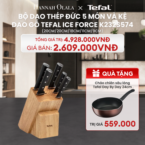  DEAL 17: BỘ DAO THÉP ĐỨC 5 MÓN VÀ KỆ DAO GỖ TEFAL ICE FORCE K232S574, 20CM/20CM/18CM/11CM/9CM 