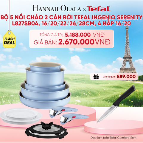  BỘ 5 NỒI CHẢO 2 CÁN RỜI TEFAL INGENIO SERENITY L827SB04, 16/20/22/26/28CM, 4 NẮP 16/20, 2100139604 - B257 