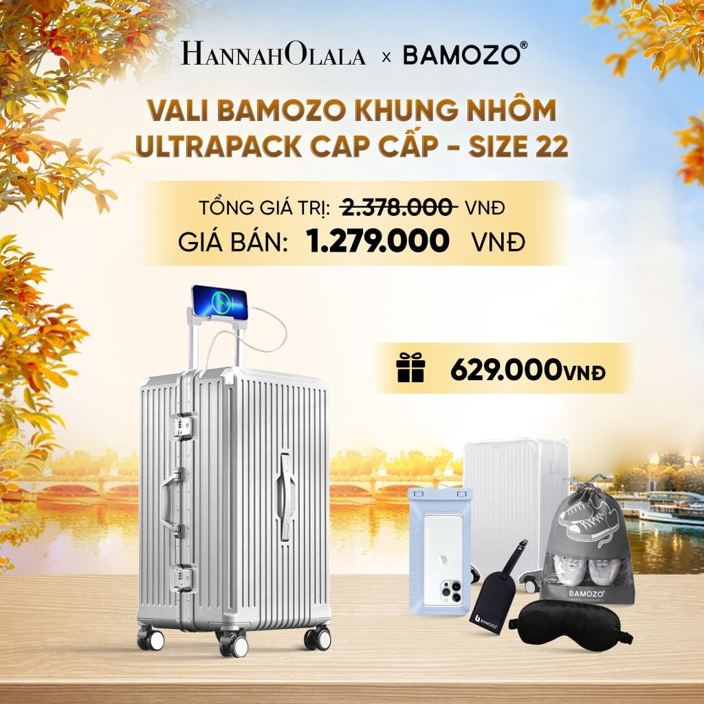  DEAL 4: VALI BAMOZO KHUNG NHÔM ULTRAPACK CAO CẤP (TẶNG TÚI ĐỰNG GIÀY + BỌC VALI CC TRONG SUỐT + THẺ TAG DA CHỐNG THẤT LẠC + BỊT MẮT LỤA + TÚI ĐỰNG ĐIỆN THOẠI CHỐNG NƯỚC) - E1271 