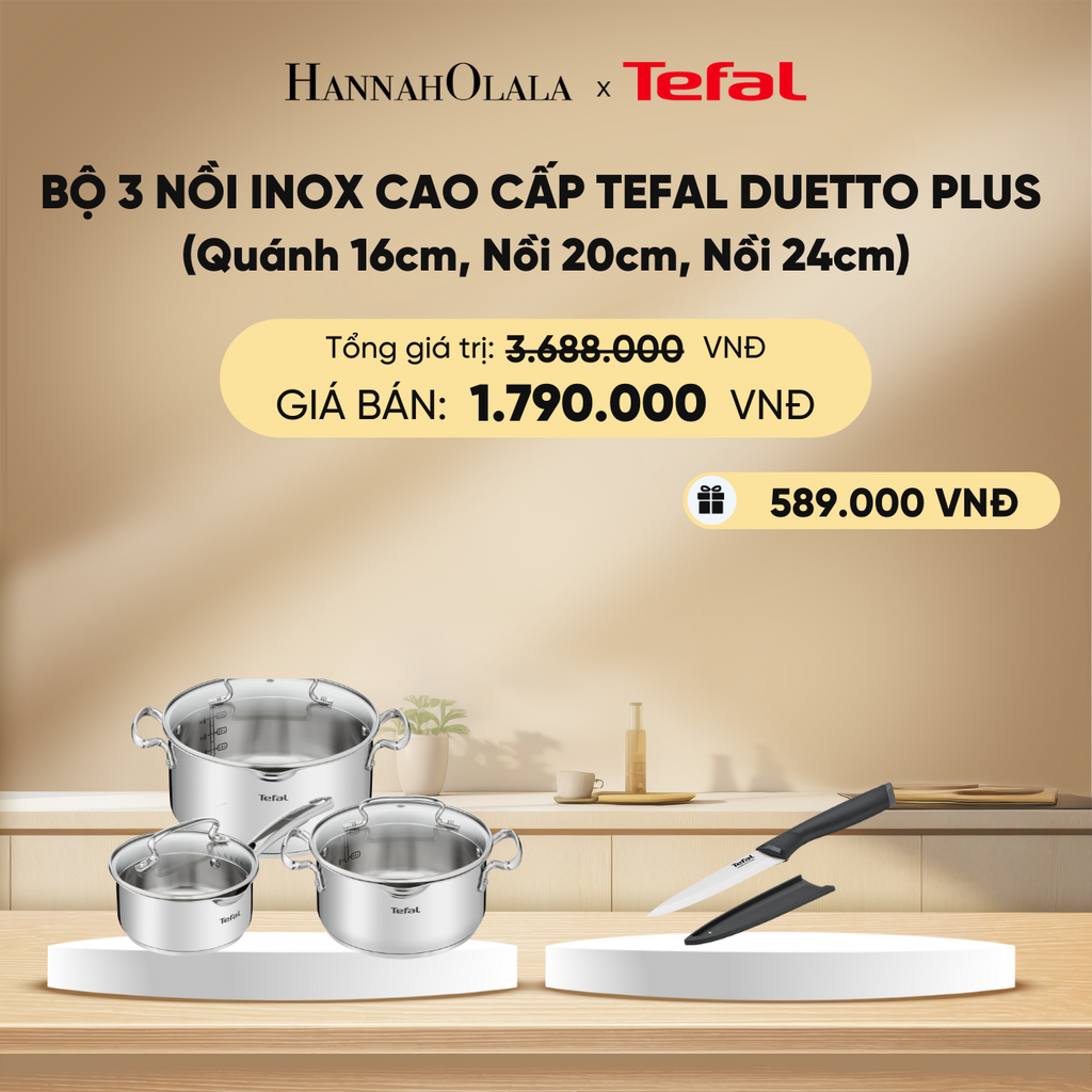  DEAL 9: BỘ 3 NỒI INOX CAO CẤP TEFAL DUETTO PLUS (QUÁNH 16CM, NỒI 20CM, NỒI 24CM) 