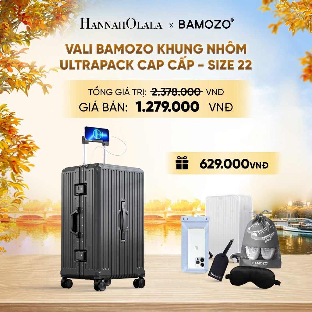  DEAL 4: VALI BAMOZO KHUNG NHÔM ULTRAPACK CAO CẤP (TẶNG TÚI ĐỰNG GIÀY + BỌC VALI CC TRONG SUỐT + THẺ TAG DA CHỐNG THẤT LẠC + BỊT MẮT LỤA + TÚI ĐỰNG ĐIỆN THOẠI CHỐNG NƯỚC) - E1271 