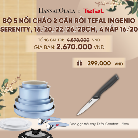  BỘ 5 NỒI CHẢO 2 CÁN RỜI TEFAL INGENIO SERENITY L827SB04, 16/20/22/26/28CM, 4 NẮP 16/20, 2100139604 - A628 
