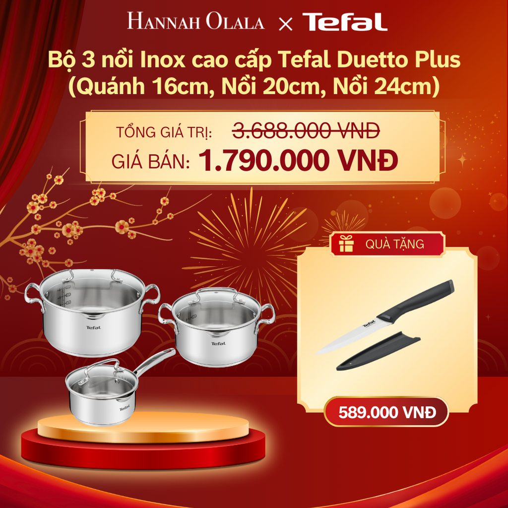  DEAL 10: BỘ 3 NỒI INOX CAO CẤP TEFAL DUETTO PLUS (QUÁNH 16CM, NỒI 20CM, NỒI 24CM) 