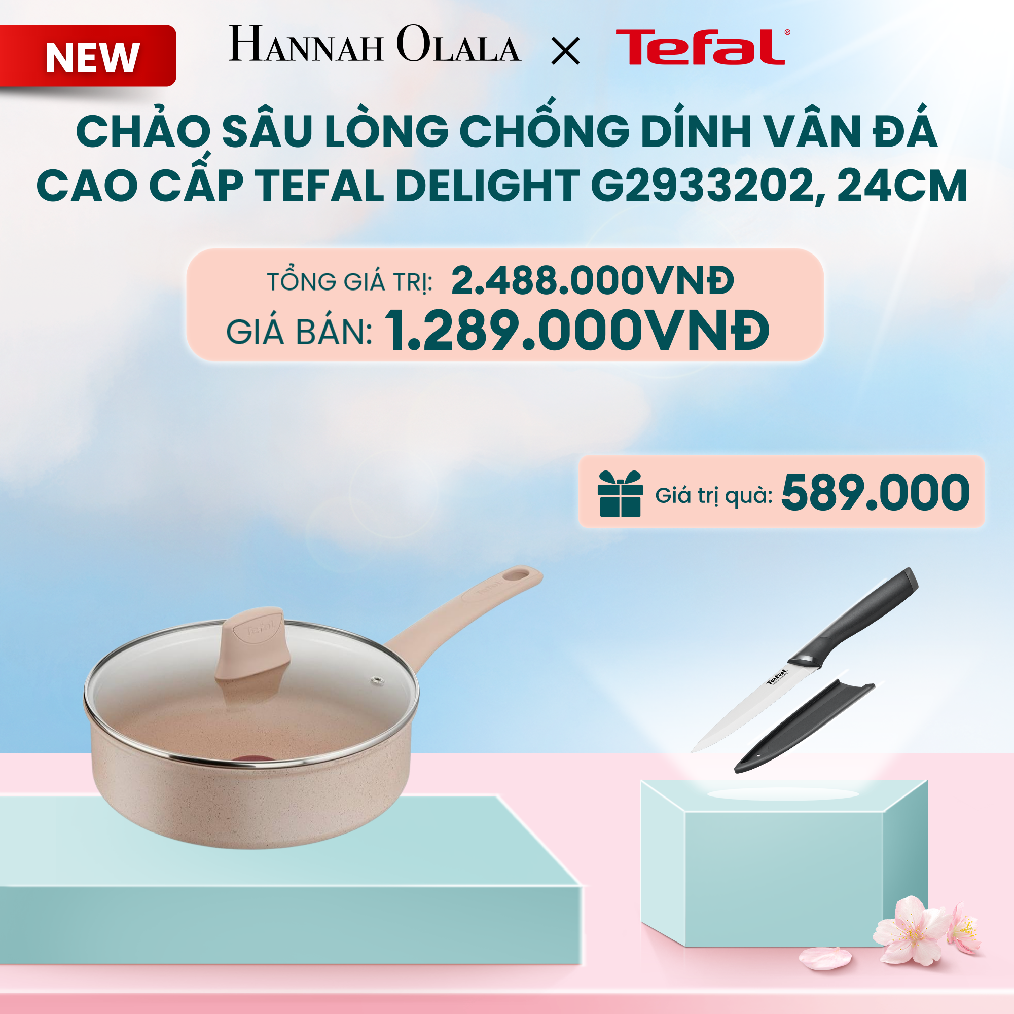  DEAL 18: CHẢO SÂU LÒNG CHỐNG DÍNH VÂN ĐÁ CAO CẤP TEFAL DELIGHT G2933202, 24CM 