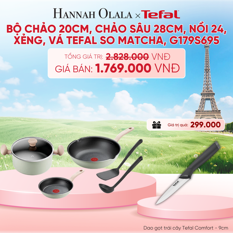  BỘ CHẢO 20CM, CHẢO SÂU 28CM, NỒI 24, XẺNG, VÁ TEFAL SO MATCHA, G179S695 - B258 