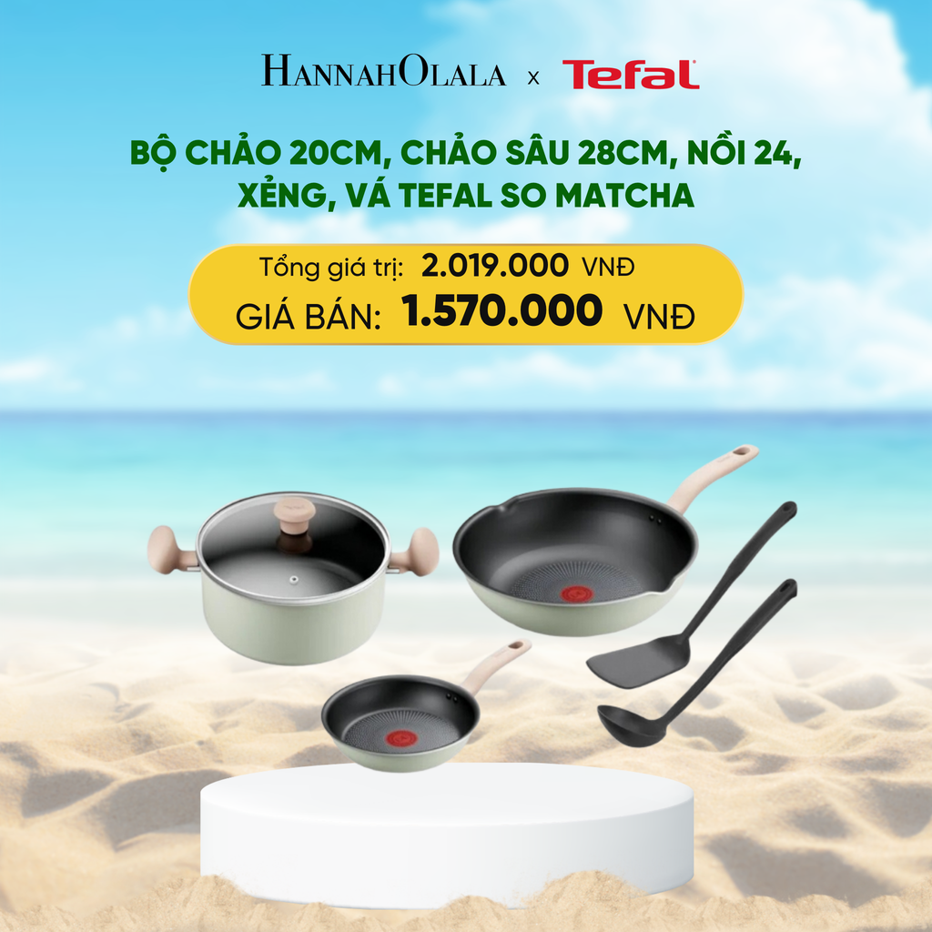  DEAL 24: BỘ CHẢO 20CM, CHẢO SÂU 28CM, NỒI 24, XẺNG, VÁ TEFAL SO MATCHA 