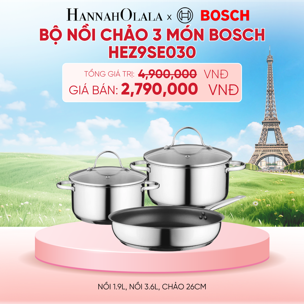  BỘ NỒI CHẢO 3 MÓN BOSCH HEZ9SE030 - NỒI 1.9L, NỒI 3.6L, CHẢO 26CM - B205 